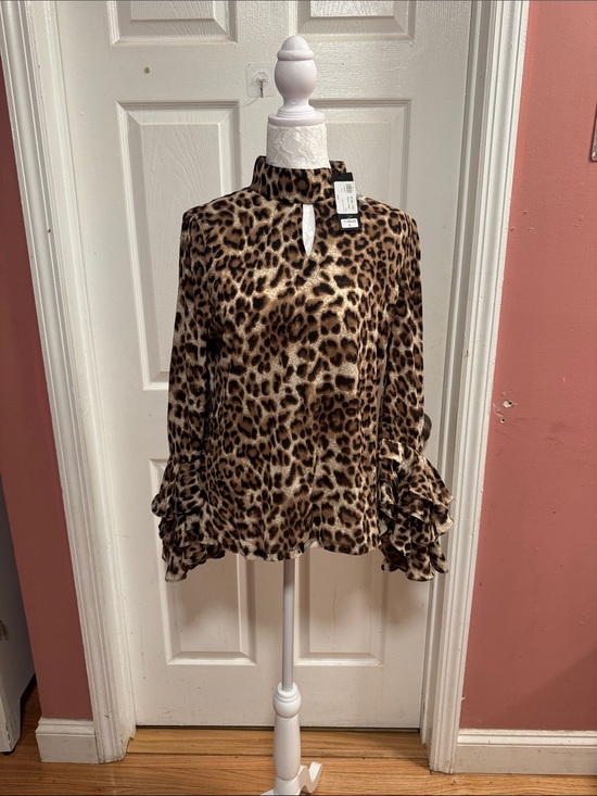 Garcia Tops - Mock Neck Leopard Print Ruffle Sleeve Blouse - Brown